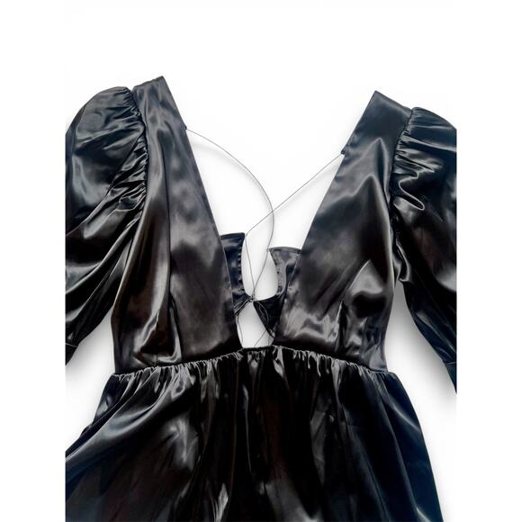 NWT Allina Liu Black Satin Womens Freya Peplum Top Blouse - Size Large - Picture 7 of 9